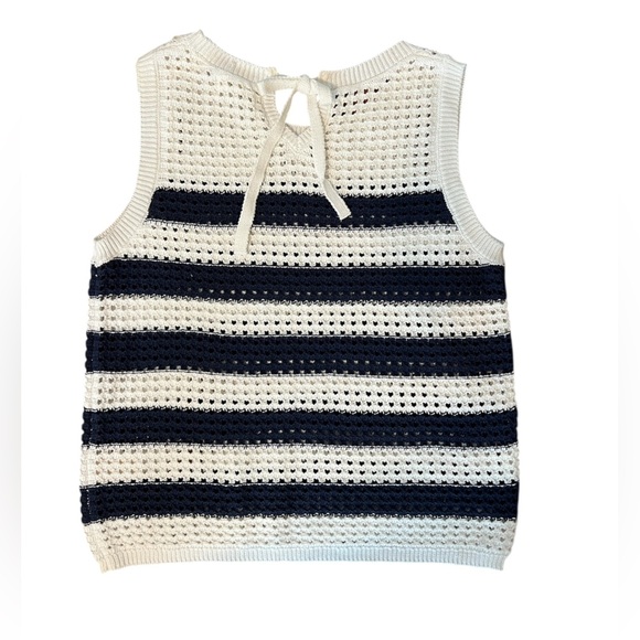 Greige Navy and White Striped Sleeveless Knit Fisherman aesthetic Top Sz L - Picture 2 of 5